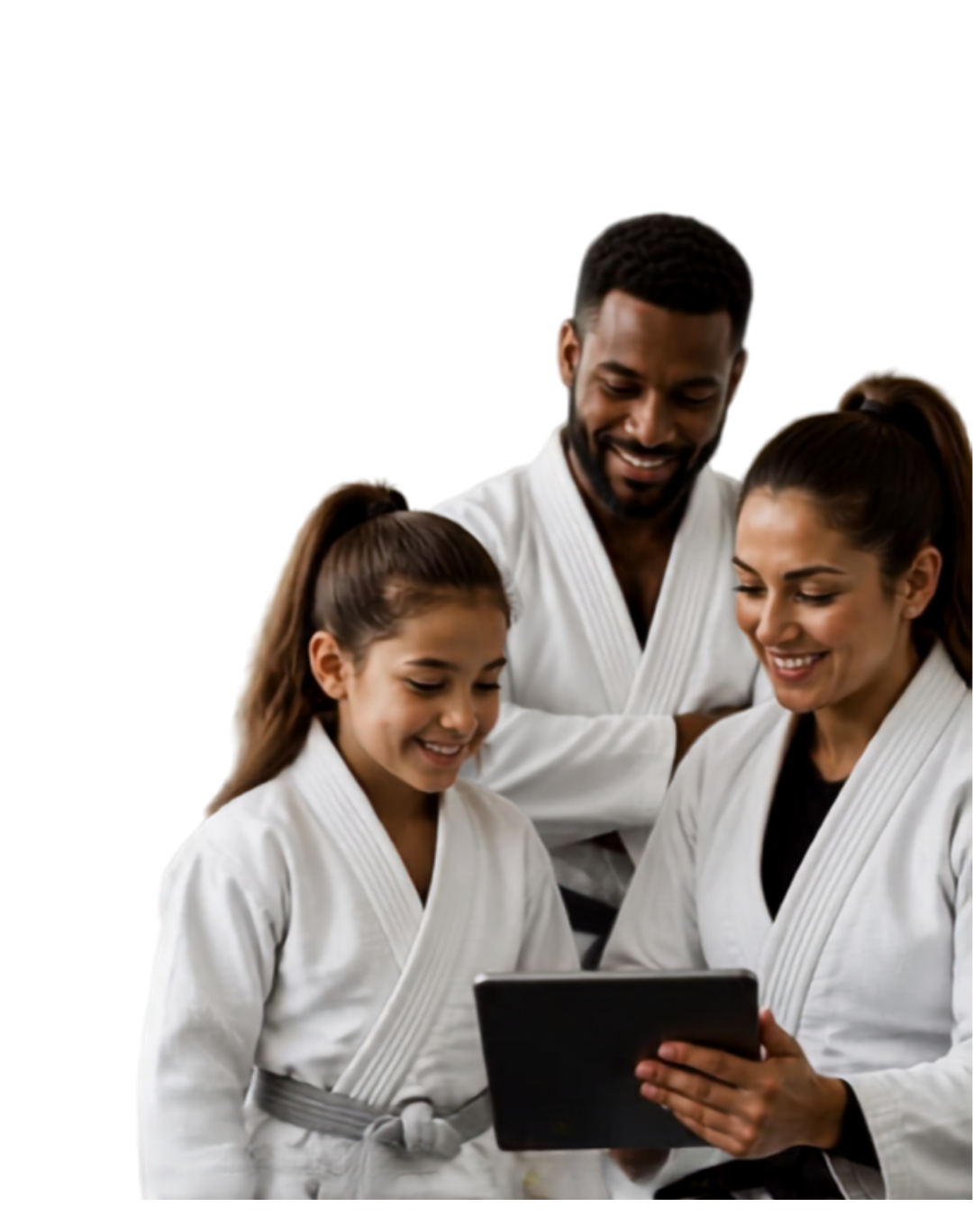 Familia de alumnos de Jiu Jitsu revisando sus clases en la app