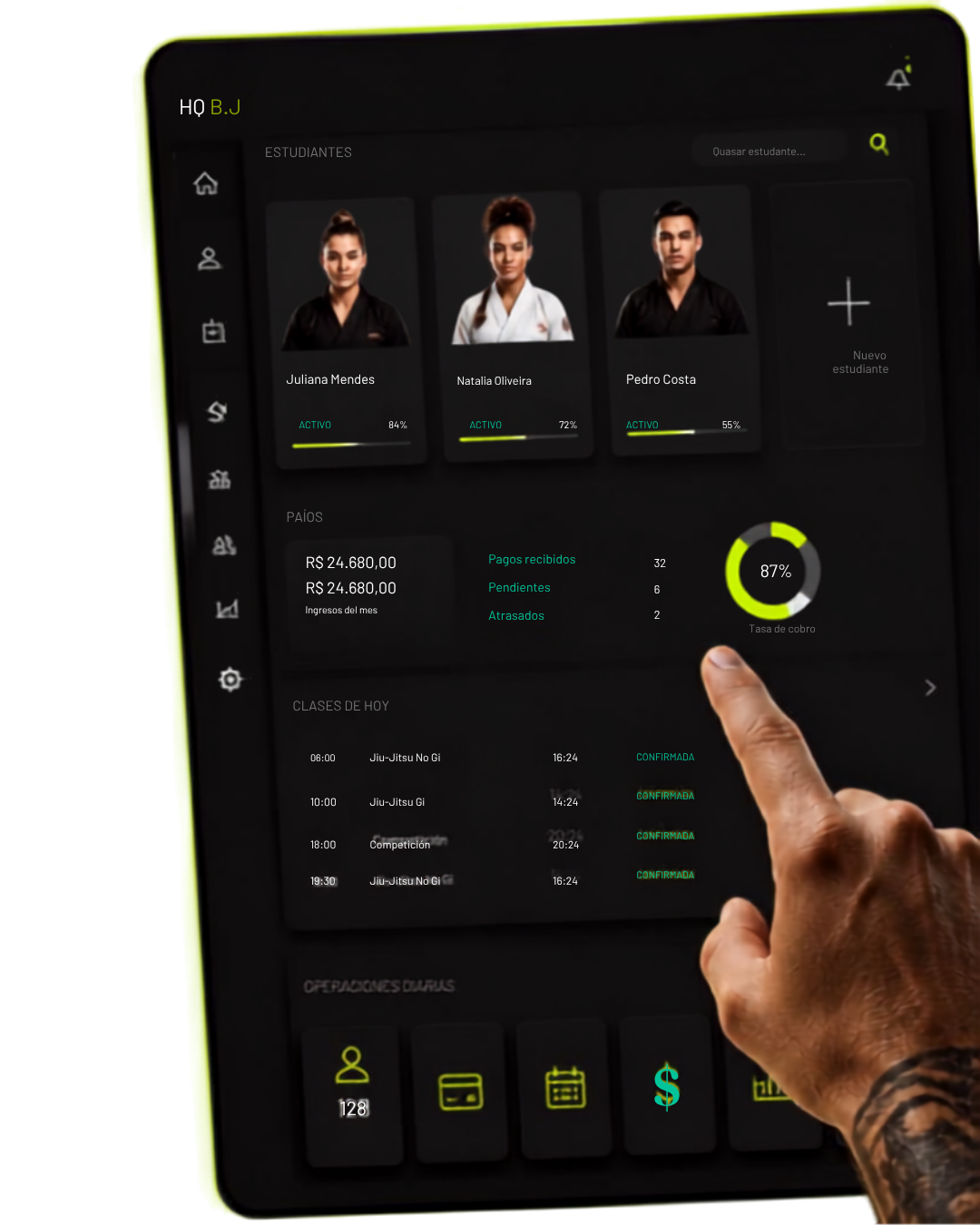 Panel de Headquarters con alumnos, pagos y clases del dia en una tablet
